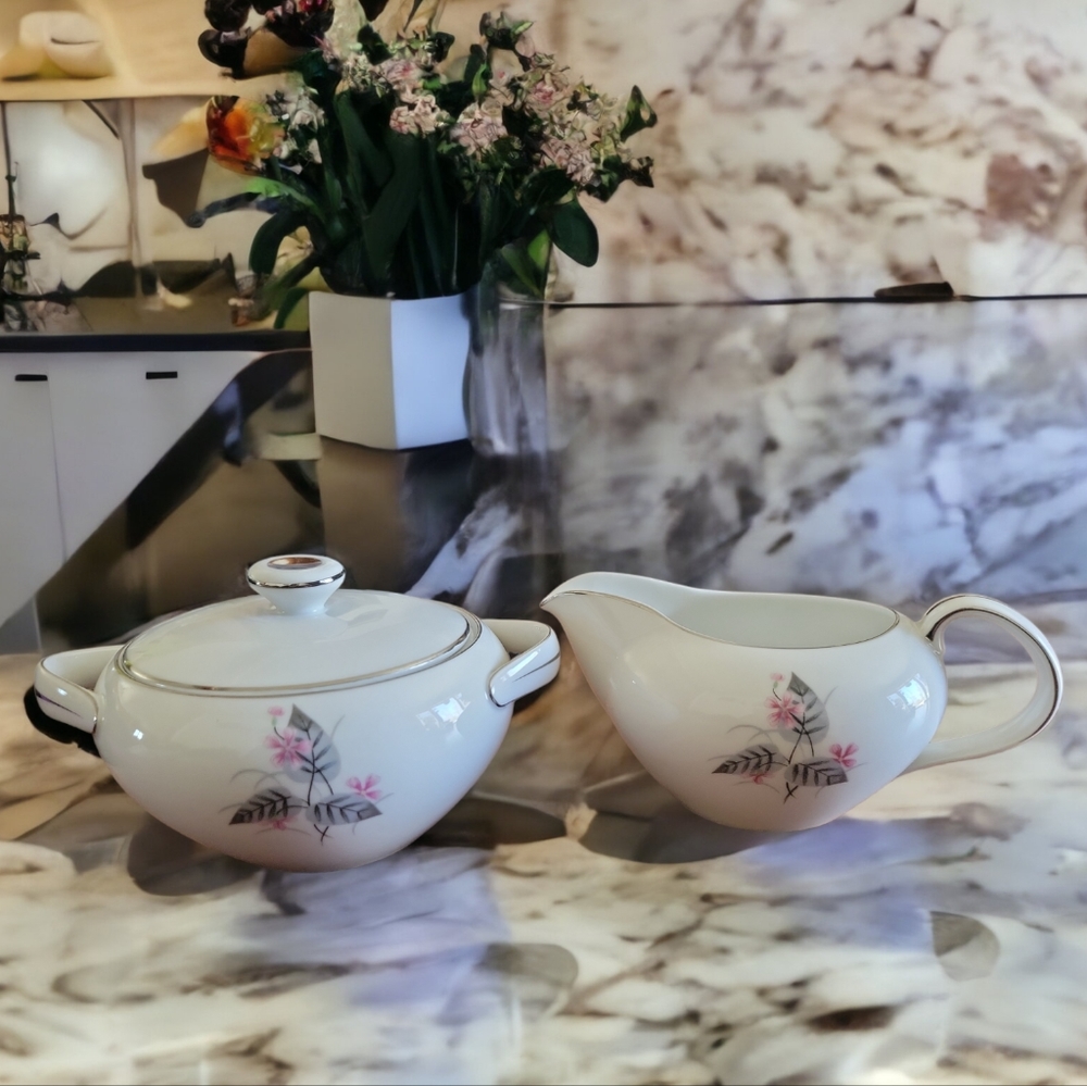 Vtg 50's Lyrics By Narumi Sugar Bowl Creamer Fine China Japan Pink Gray